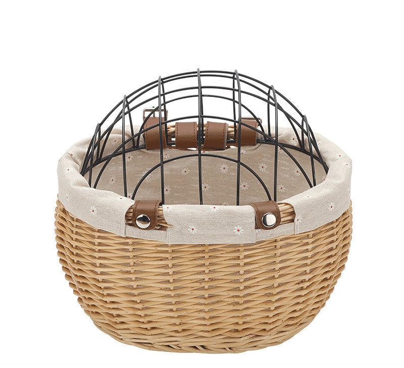 woven rattan pet carrier basket with detachable linen liner and foldable metal safety dome Kalsten