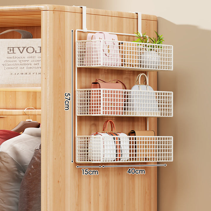 Over-Door Four-Tier Metal Mesh Hanging Storage Organizer with Integrated Hooks