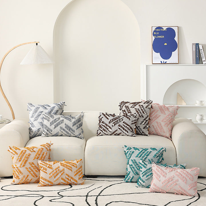 Decorative pillow with woven chenille relief structure and fringe application Kalsten
