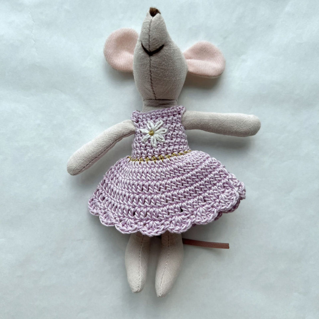 Handcrafted Linen Cotton Mouse Doll with Crochet Dress and Embroidered Flower