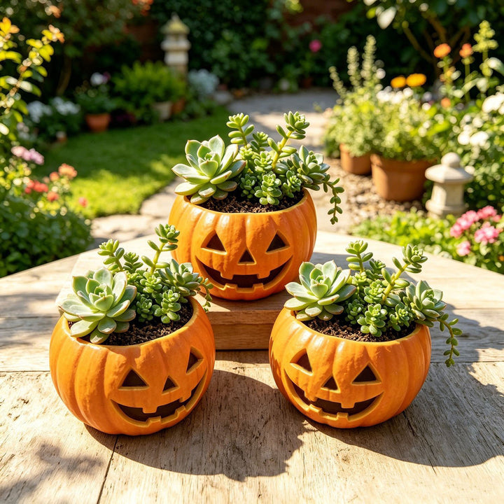 Ceramic pumpkin flower pot with carved pumpkin face and succulent insert