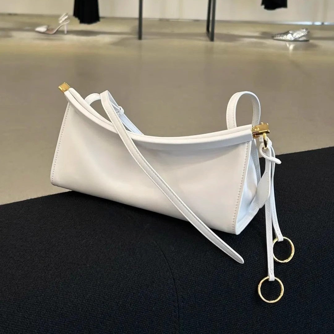 Structured Leather Baguette Shoulder Bag with Gold Hardware