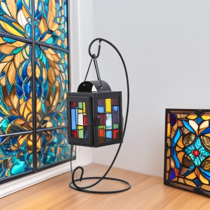 Stained Glass Mosaic Hanging Tealight Lantern with Metal Frame Kalsten