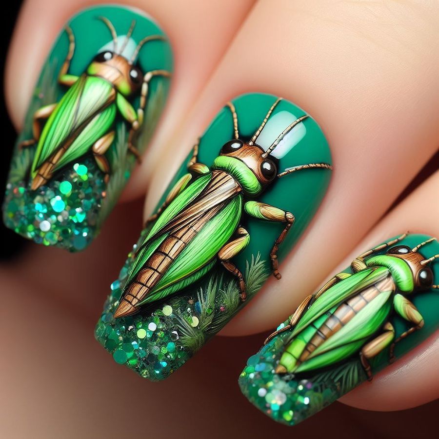 Creative nail art with vibrant insect motifs Kalsten