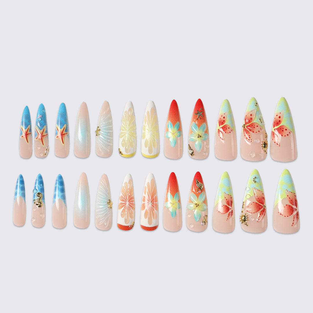 Artistic Floral and Ocean-Themed Press-On Nail Art Set kalsten