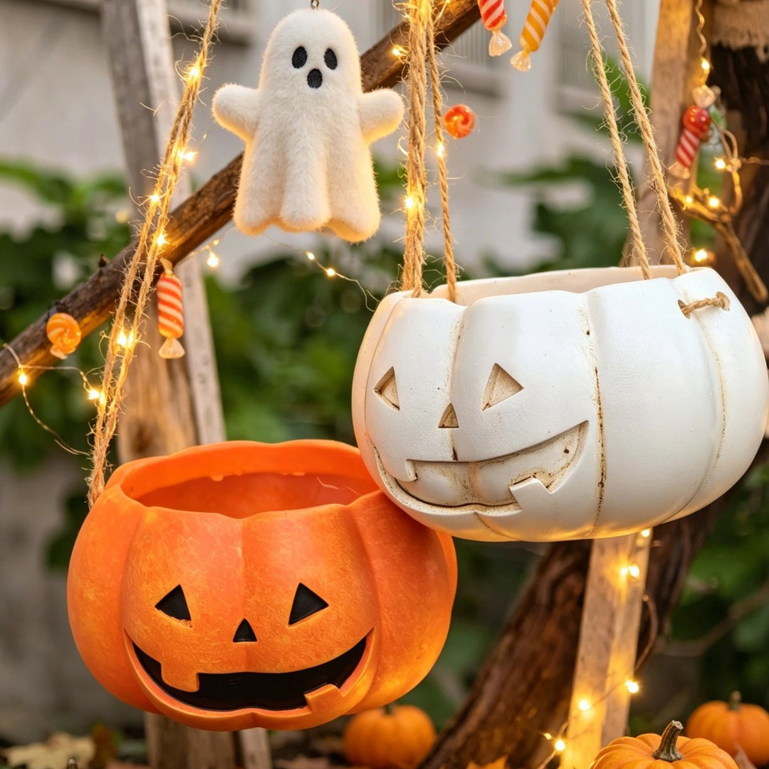 Hanging ceramic pumpkin flower pot with carved pumpkin face and jute string