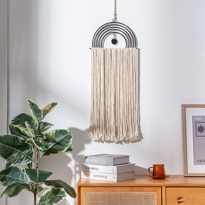 Boho macrame wall hanging with semicircle metal frame and long fringes Kalsten