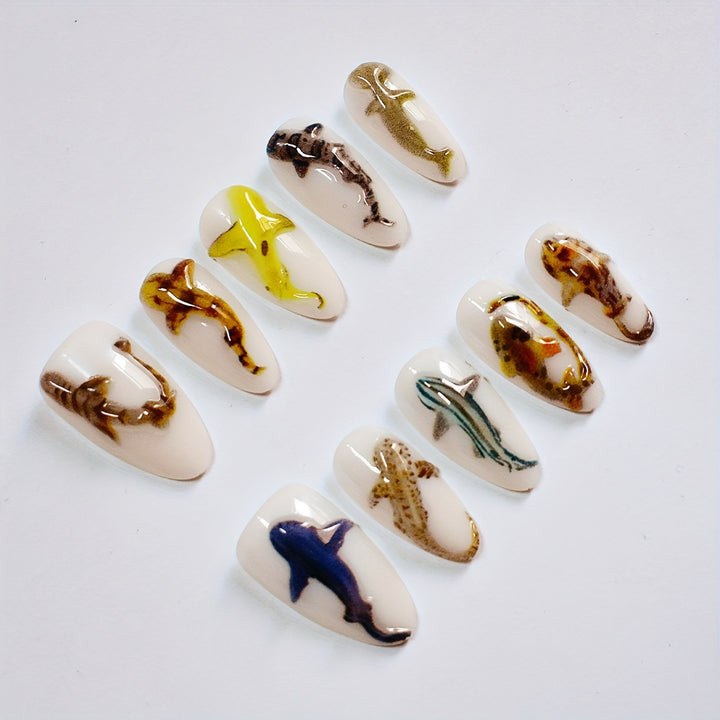 Artistic Shark-Themed Press-On Nail Art Kalsten