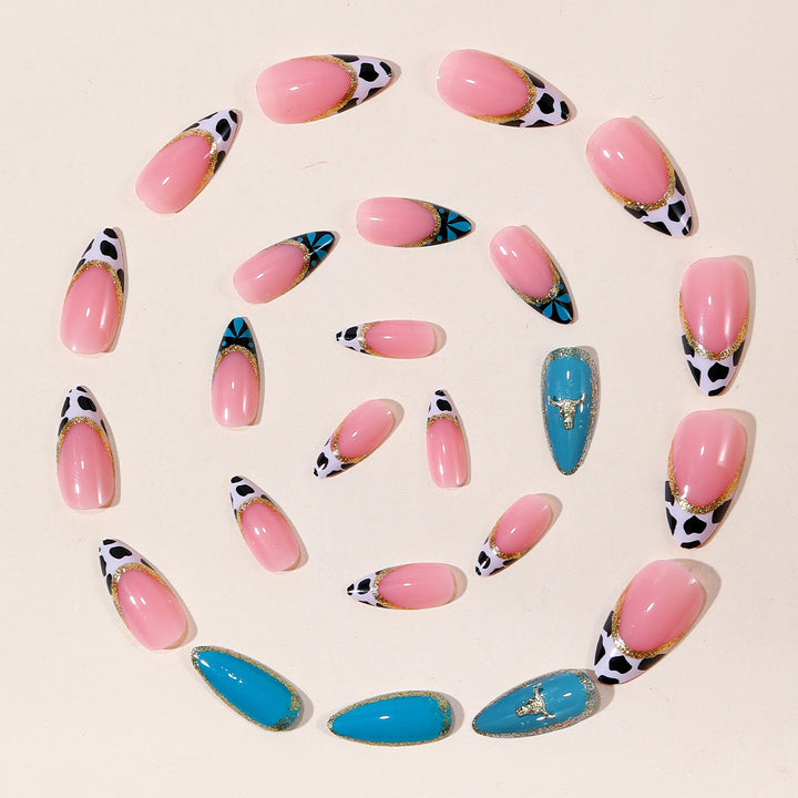 Artistic Stiletto Nail Art Extensions with Cow Print and Gold Accents Kalsten