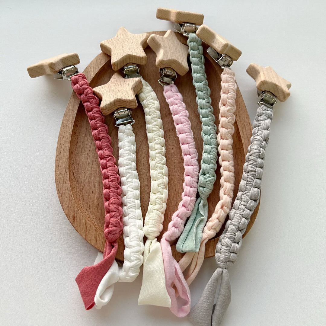 Braided Cotton Pacifier Clip with Wooden Star Safety Clamp