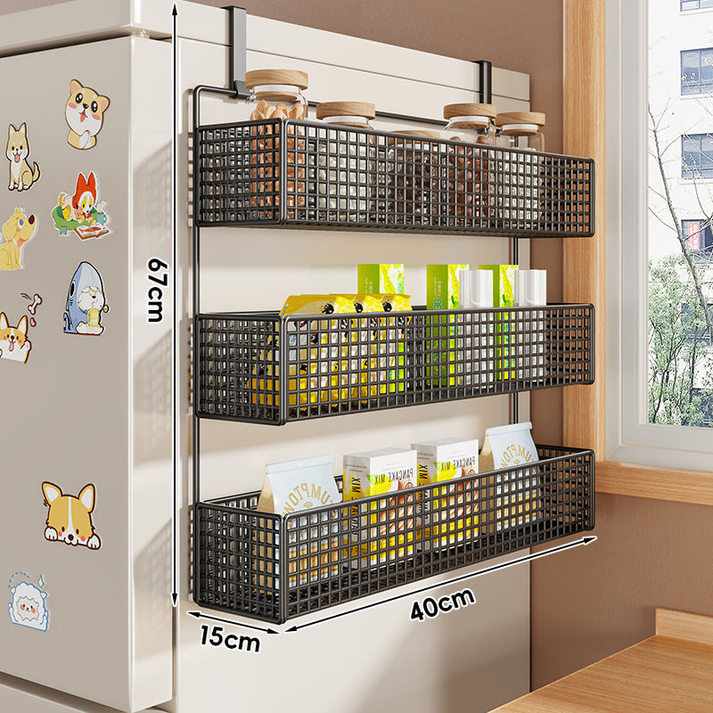Over-Refrigerator Vertical Hanging Mesh Storage Rack with Deep Baskets and Hook Rail