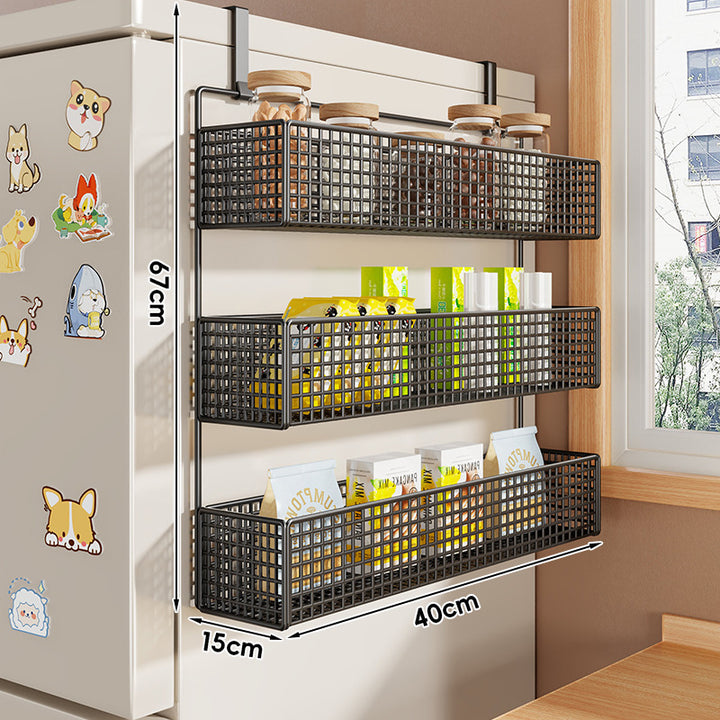 Over-Refrigerator Vertical Hanging Mesh Storage Rack with Deep Baskets and Hook Rail