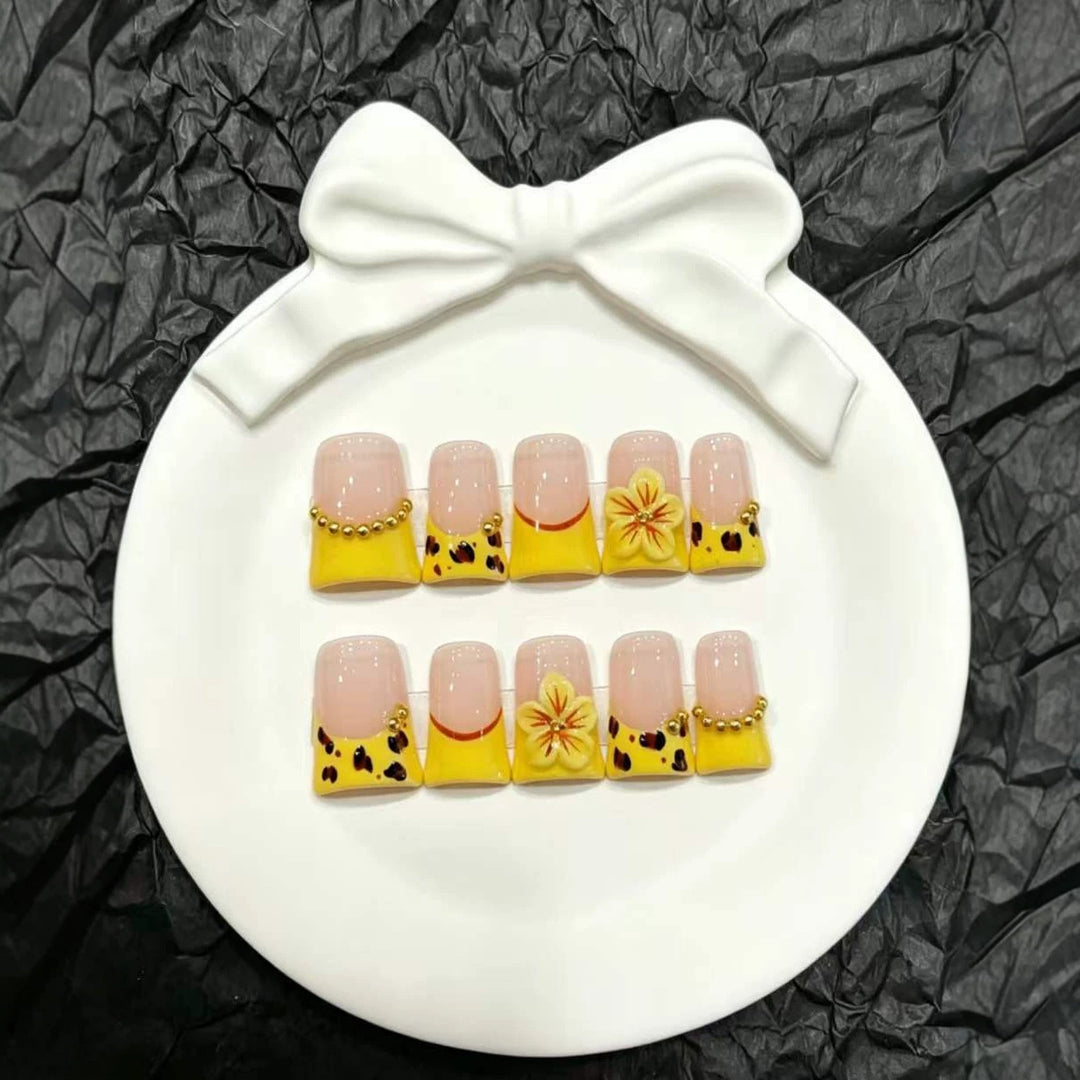 Artistic Press-On Nail Set with Floral and Animal Print Designs