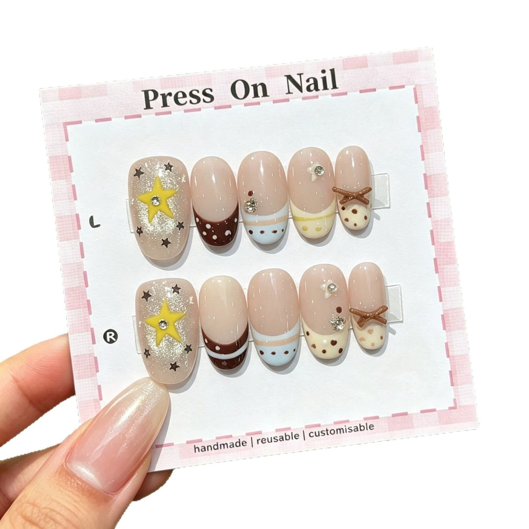 Creative Press-On Nail Art Set with Decorative Star and Polka Dot Designs