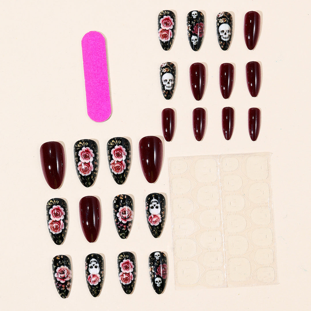 Gothic Floral and Skull Accent Nail Art Extensions Kalsten
