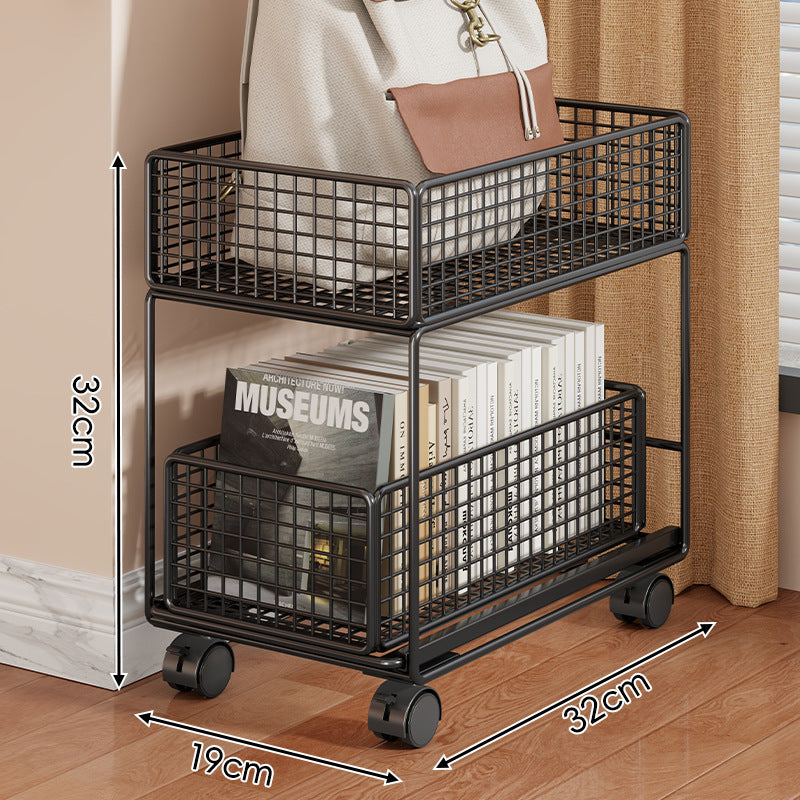 Compact Two-Tier Rolling Metal Mesh Storage Trolley with Locking Swivel Casters