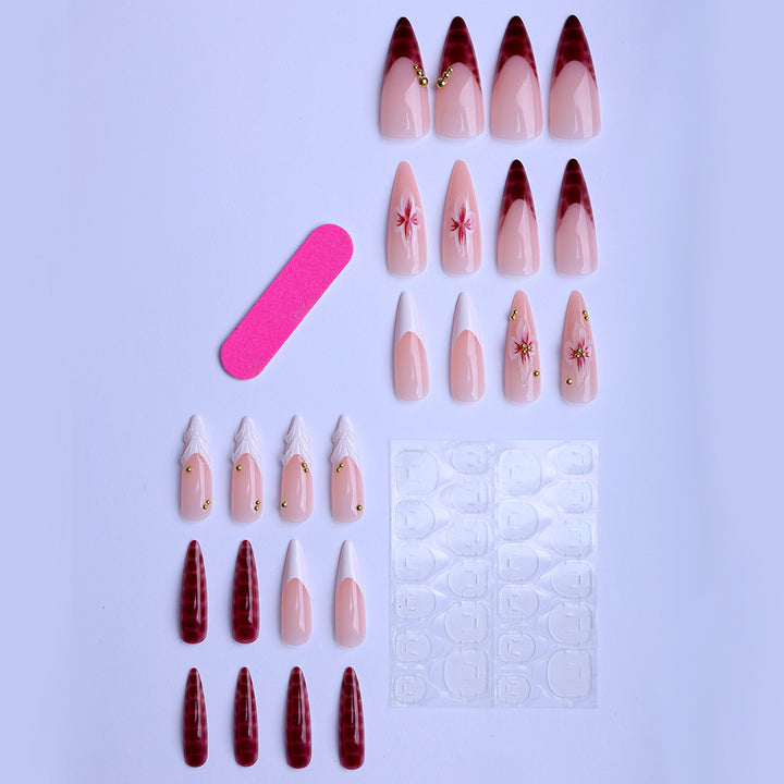 Artificial Nails in Elegant Modern Stiletto Style with Floral Design and Golden Accents Kalsten