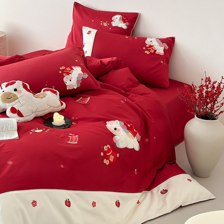 Luxurious bedding set made of fine cotton satin with elaborate embroidery & contrasting trim