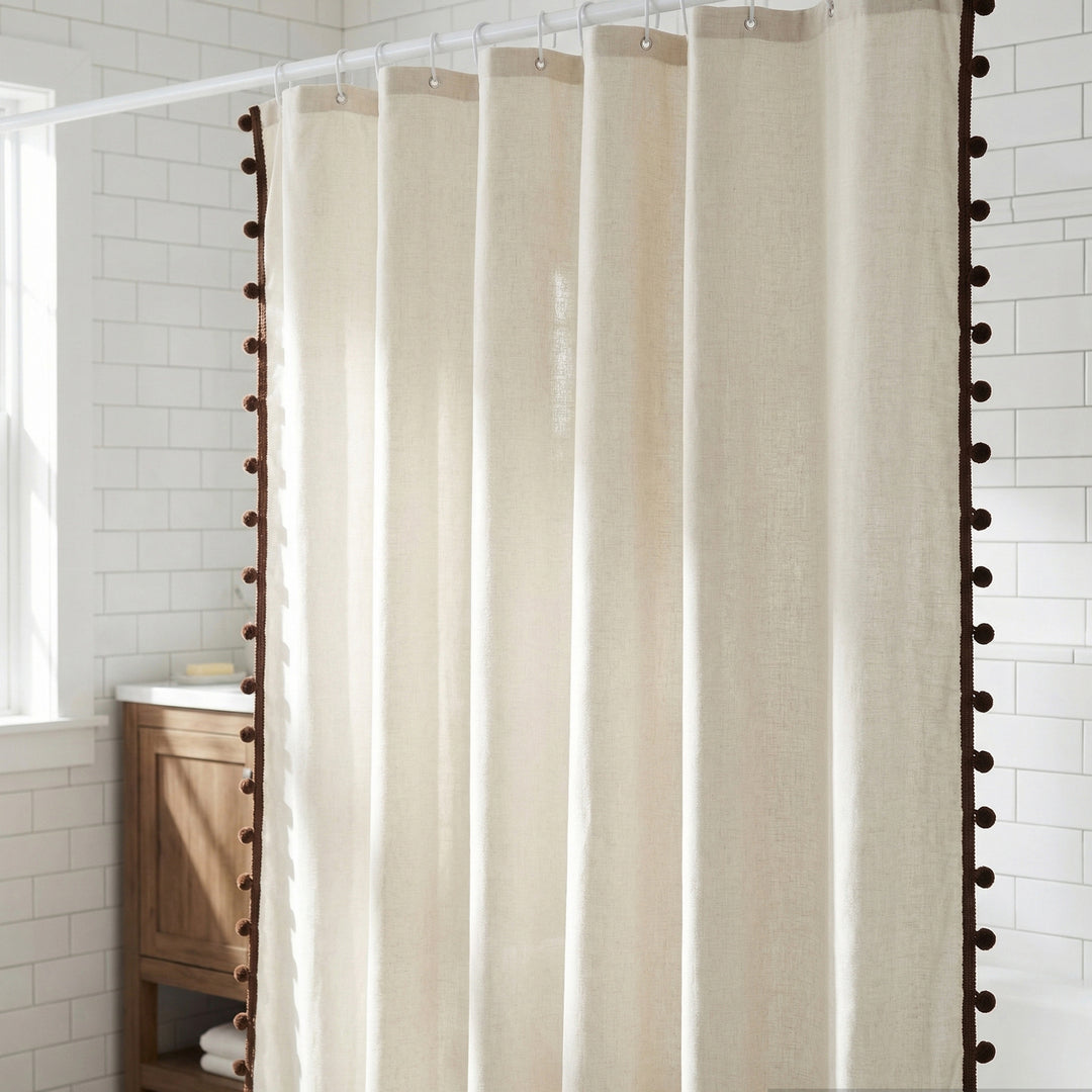 Textured Pom Pom Trim Shower Curtain Kalsten