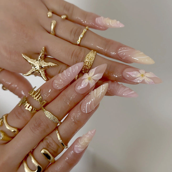 Artistic Long-Lasting Press-On Nail Extensions with Floral Patterns Kalsten