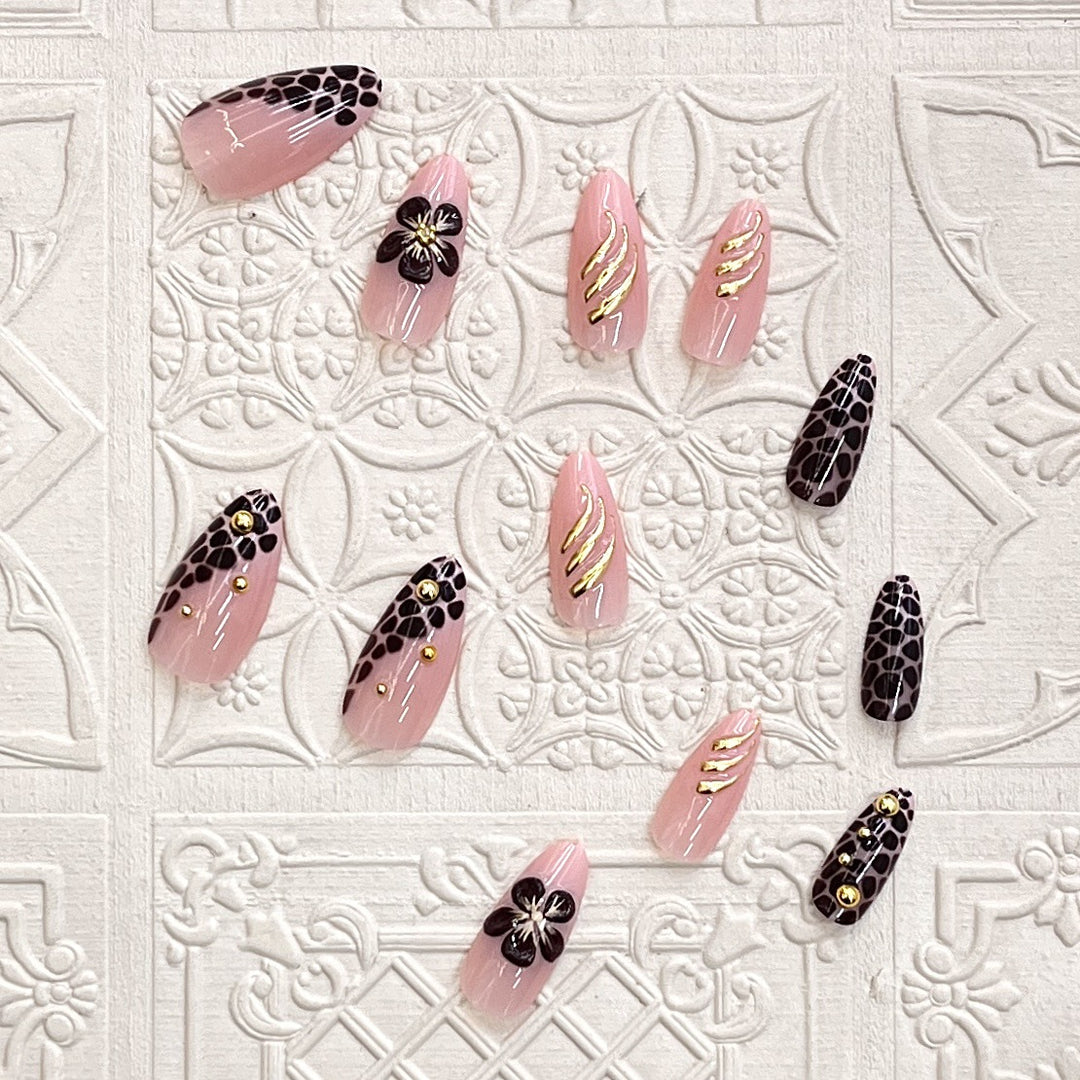 Artistic Press-On Nail Set with Floral and Leopard Accent Kalsten