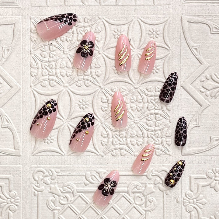 Artistic Press-On Nail Set with Floral and Leopard Accent Kalsten