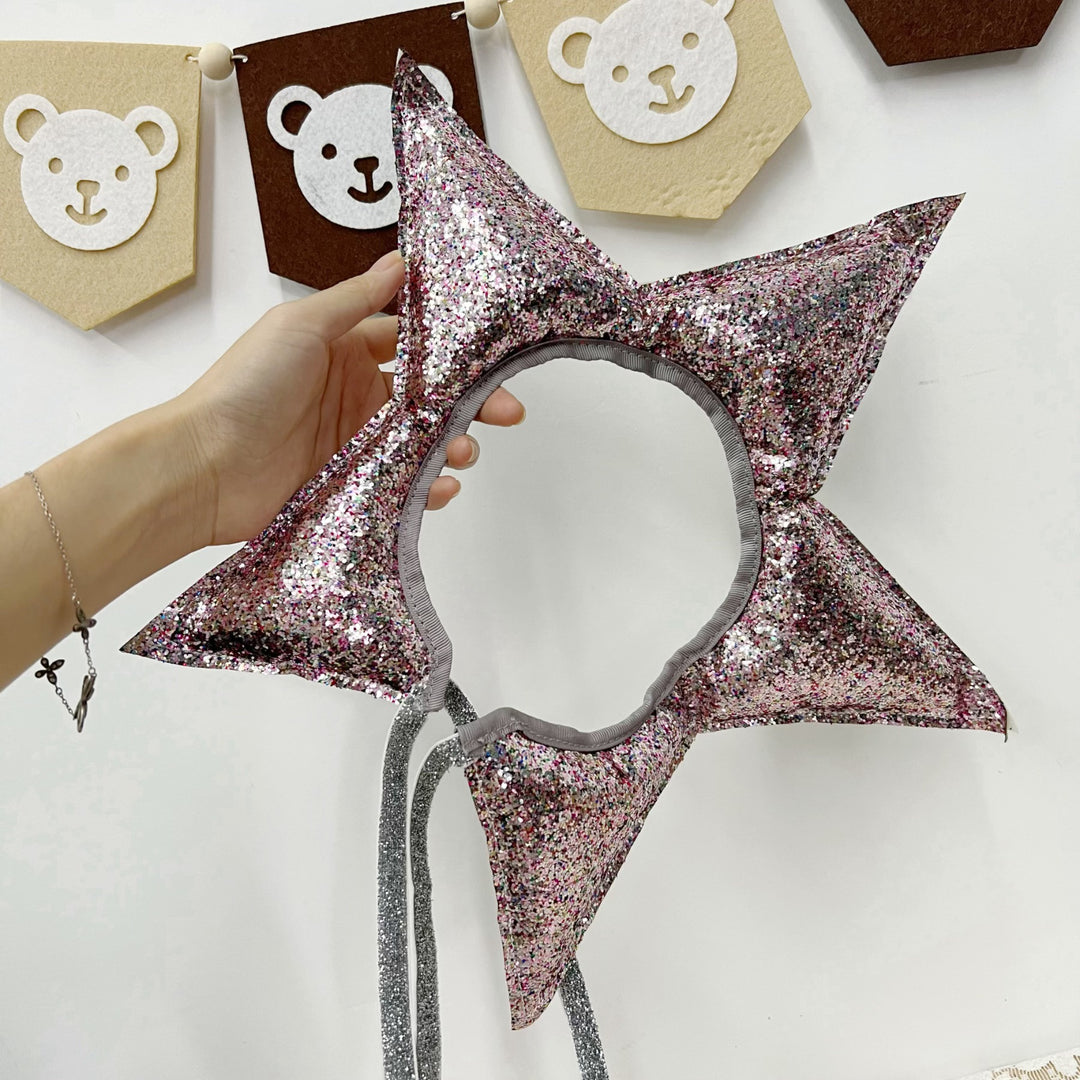 Glitter Star Point Headband Crown with Ribbon Ties