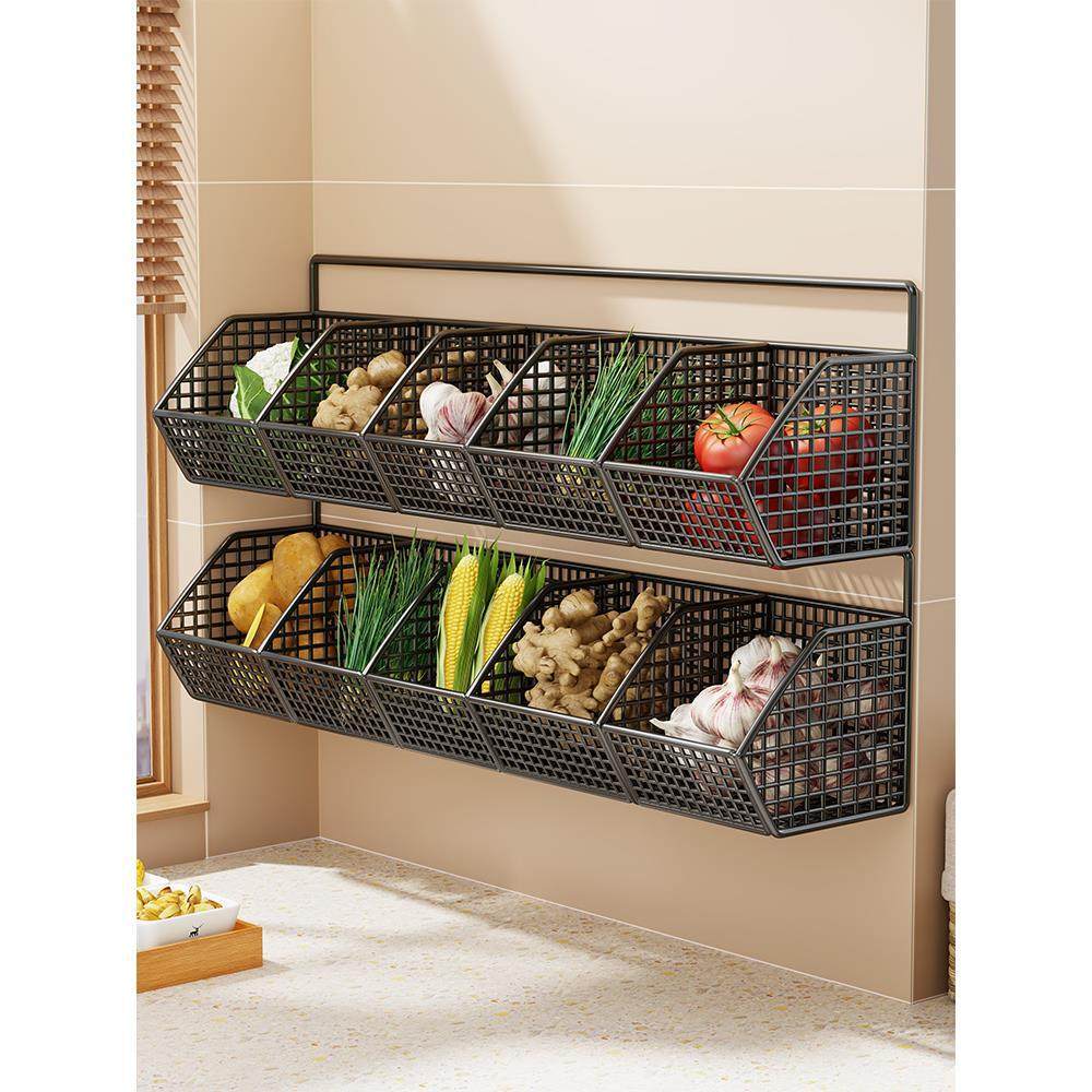 Wall-Mounted Dual-Tier Ventilated Kitchen Produce Storage Basket