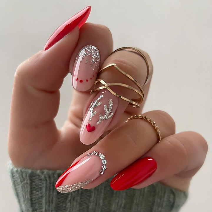 Artistic Press-On Nail Set with Heart and Glitter Accents kalsten