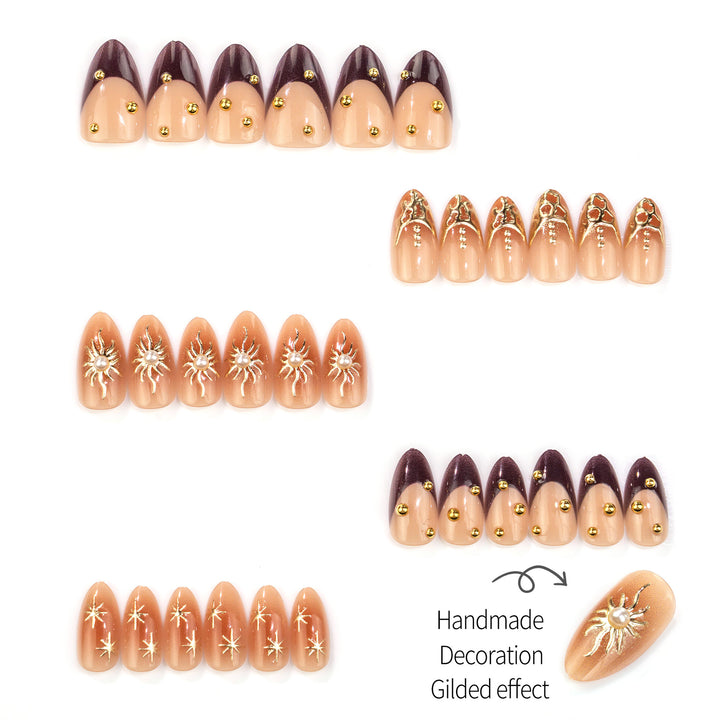 Artistic Press-On Nail Art Set with Elegant Sun and Gemstone Design