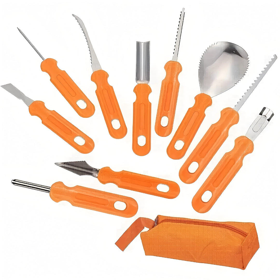 Multi-part pumpkin carving tool set made of stainless steel with storage bag