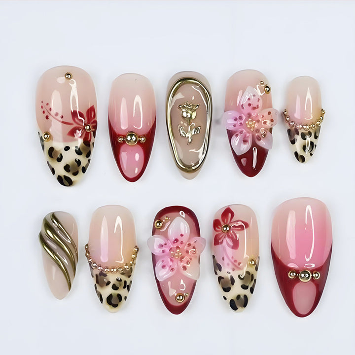 Artistic Decorative Press-On Nail Art Set with Floral and Leopard Patterns Kalsten