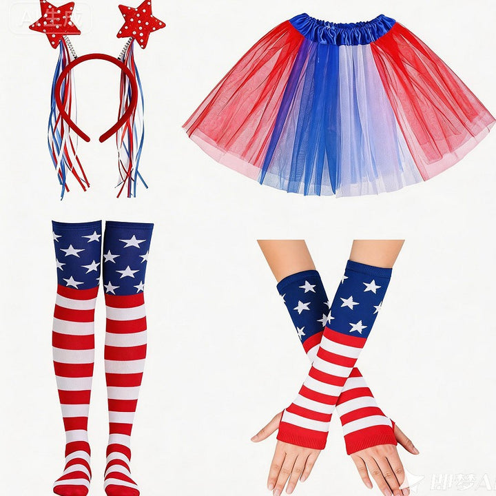 Women's nan patriotic tulle layered mini skirt headband arm sleeves and thigh high socks set Kalsten