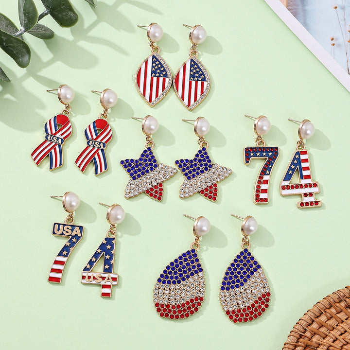 Women's nan patriotic enamel number drop earrings with faux pearl studs Kalsten