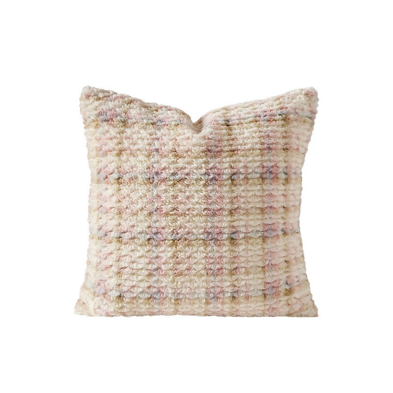 Long lumbar support cushion with patterned bouclé surface and plush trim Kalsten