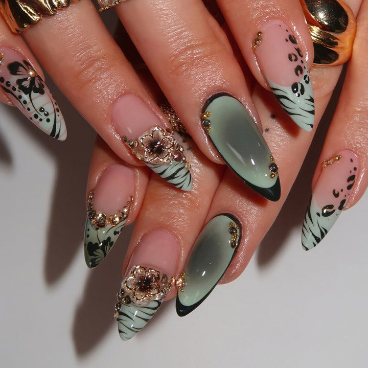 Decorative Stiletto Nail Art Tips with Floral Accents Kalsten