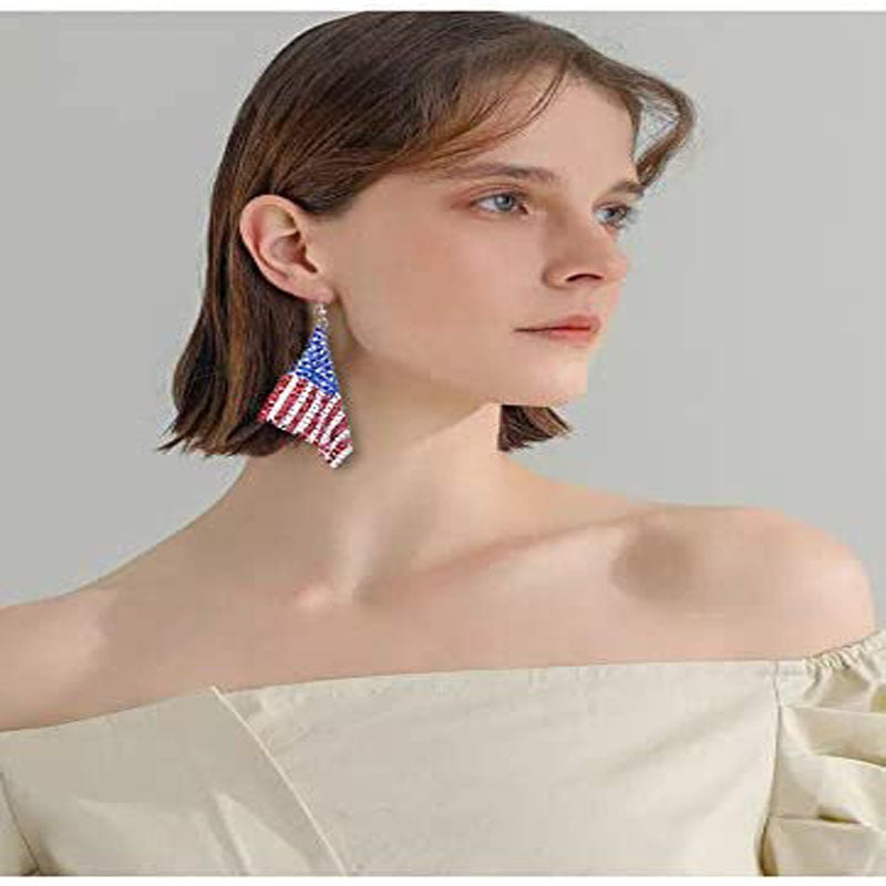 Ladies' long crystal mesh earrings with flag pattern and fishhook clasp Kalsten