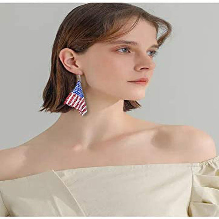 Women's long flexible rhinestone mesh earrings in American flag design with fishhook Kalsten
