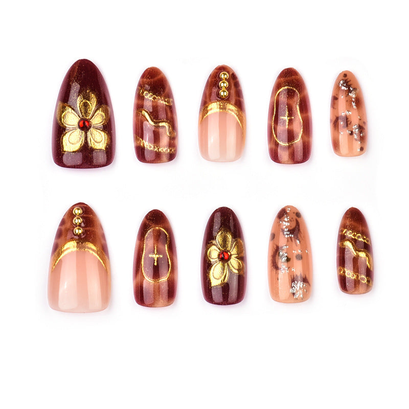 Artistic Press-On Nail Set with Gold Embellishments Kalsten