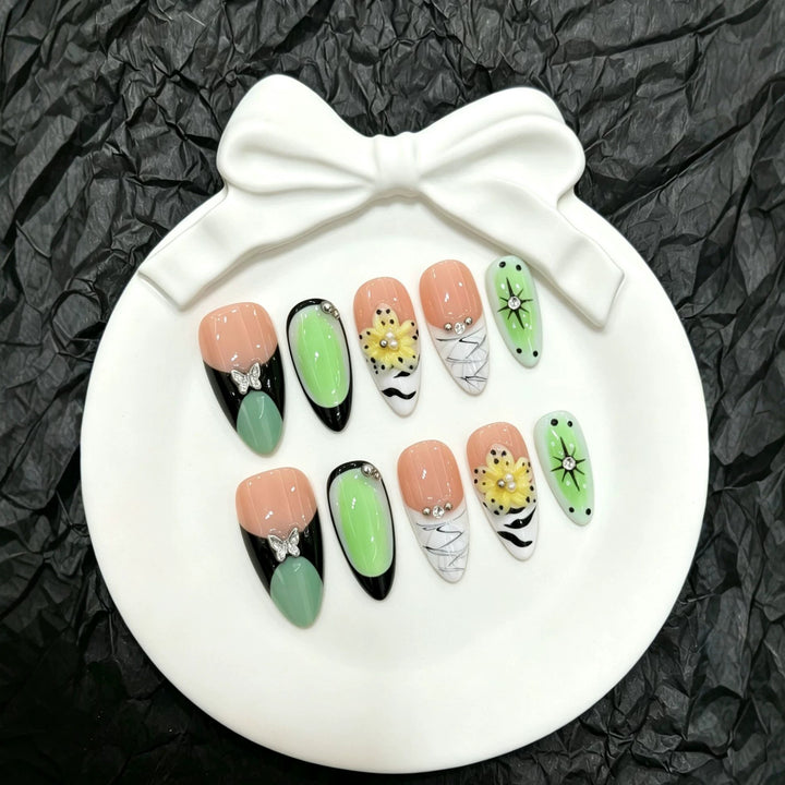 Artistic Press-On Nail Art Set with Floral and Butterfly Accents