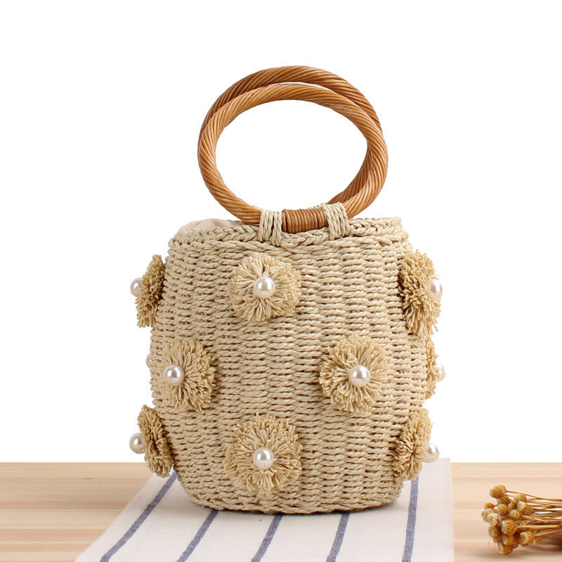Handcrafted basket bag with bead appliqués Kalsten