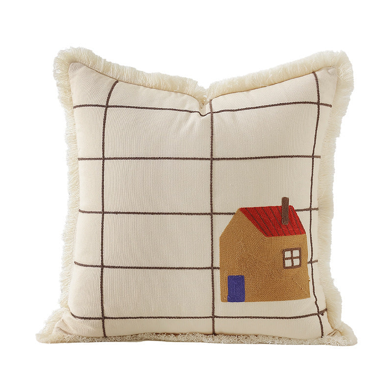 Decorative cushion cover made of cotton blend with fringes, check pattern and embroidered house Kalsten