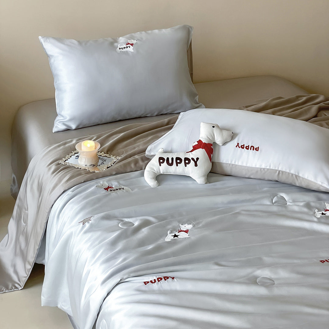 Silky shiny satin bedding set with cute panda embroidery