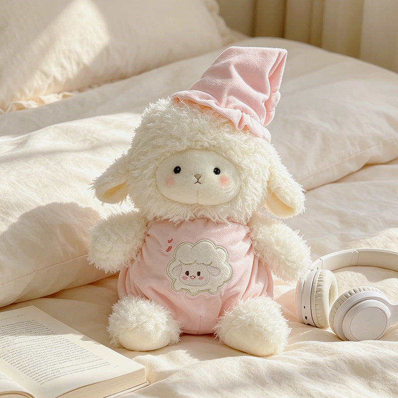 Plush Lamb Cuddly Stuffed Toy with Embroidered Romper and Sleep Hat Kalsten
