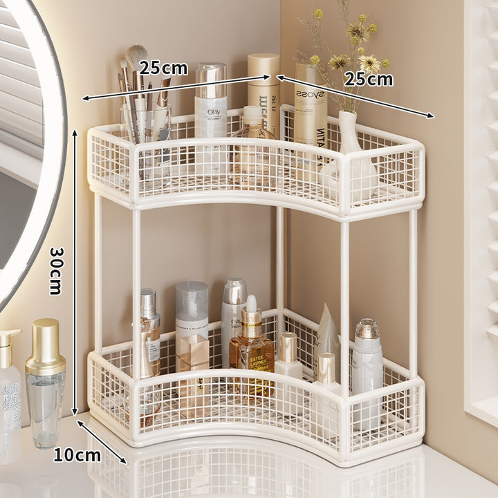 Curved Corner Triple-Tier Metal Mesh Vanity and Countertop Organizer