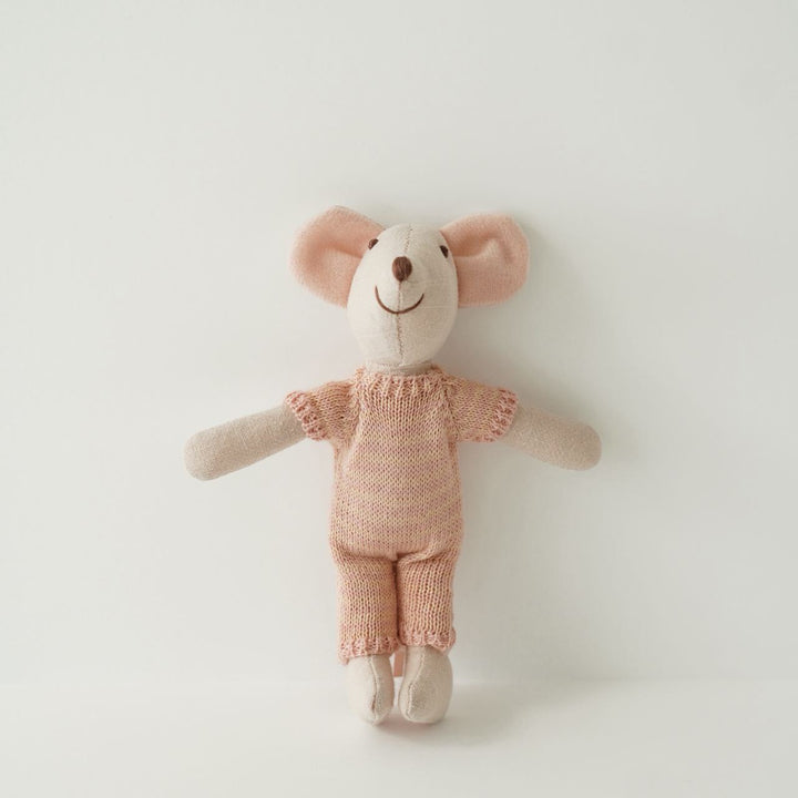 Handcrafted Mouse Plush Doll with Knitted Heart Sweater Pom-Pom Beanie and Gingham Trousers