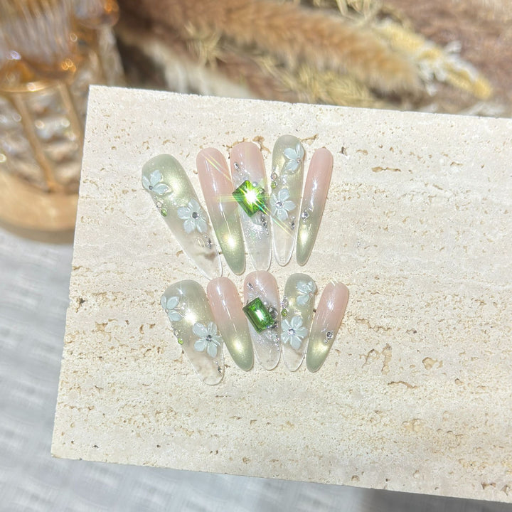 Floral Gemstone Stiletto Nail Set Kalsten