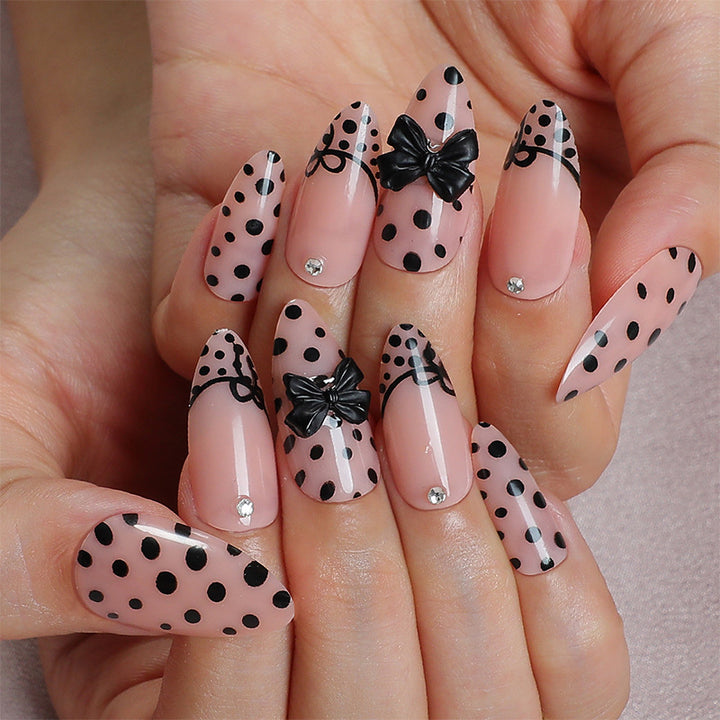 Artistic Press-On Nail Set with Polka Dot and Bow Designs kalsten