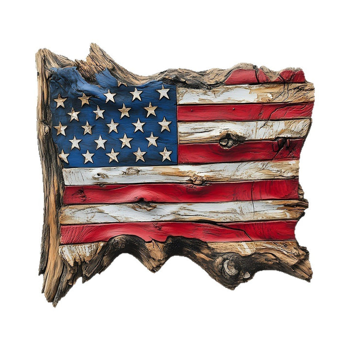 Unisex nan hand-carved rustic wood wall relief USA flag shape with 3D stars Kalsten