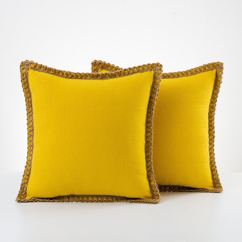 Decorative Linen Throw Pillow Pair with Braided Fringe Trim